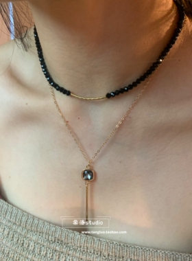 棠洛 双层叠戴 黑色水晶流苏锁骨链女波西米亚多层项链辣妹甜酷风