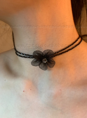 棠洛 双层黑色尖晶石细闪花朵choker颈链手作款锁骨链显脖子细长