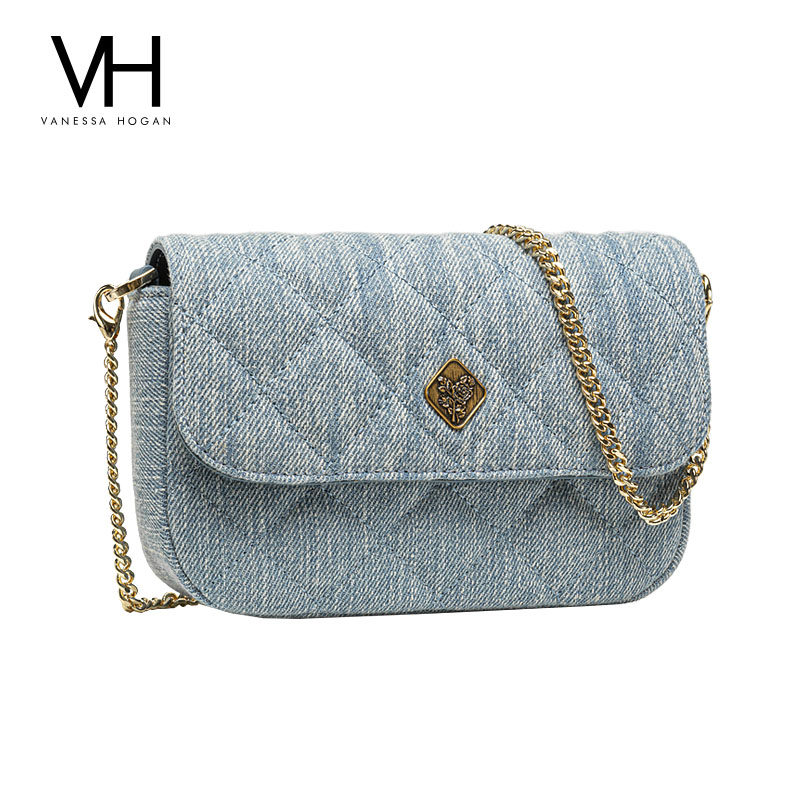 vh新款轻奢菱格纹丹宁牛仔斜挎包 vanessahogan小方包