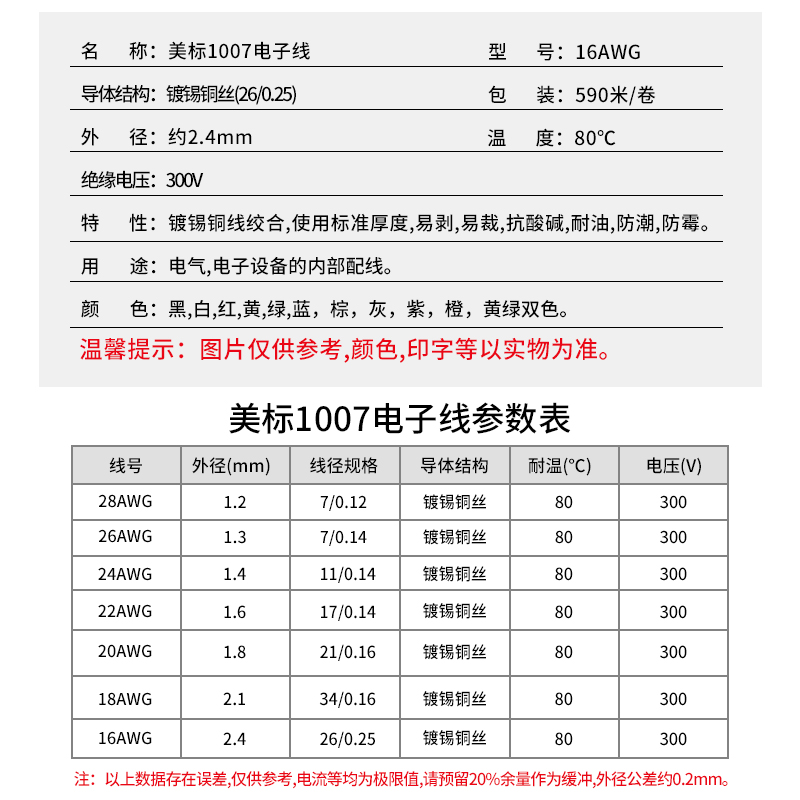 美标线1007电子线26/24/22/20/18/16AWG镀锡led电子线单芯多股线-图0