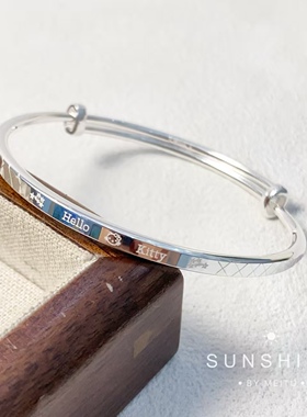 足银999.9hellokt纯银手镯生日礼物可爱猫咪百搭亲子手镯