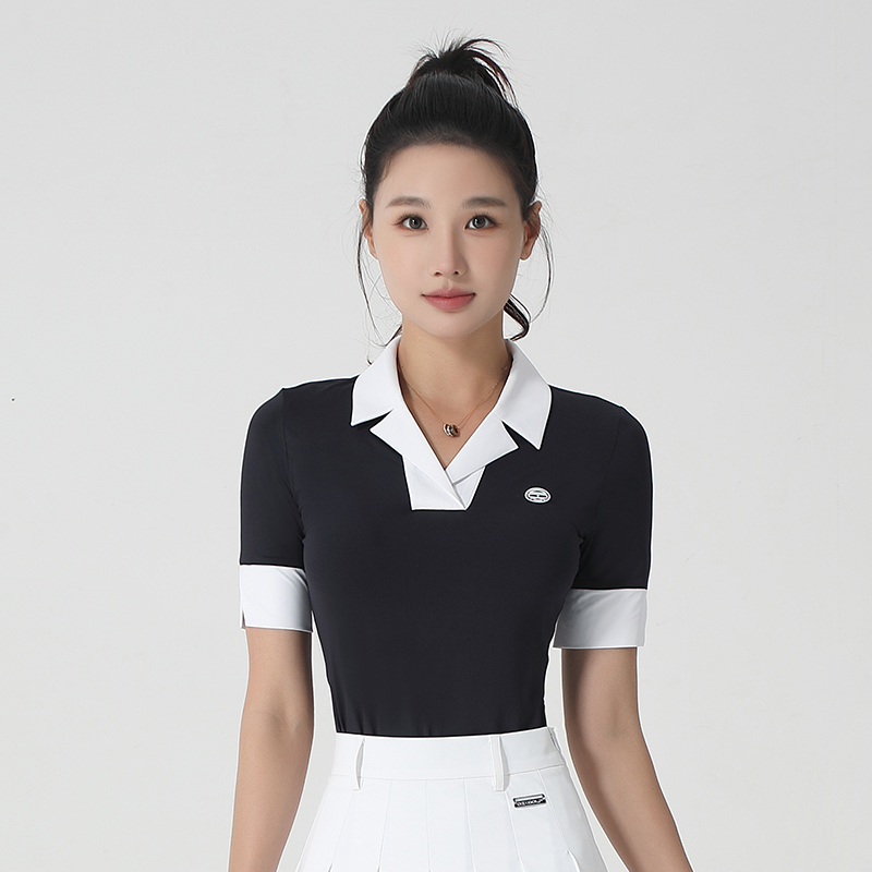 DEXGOLF高尔夫服装女夏季短袖翻领t恤运动V领polo衫半袖上衣冰丝 - 图1