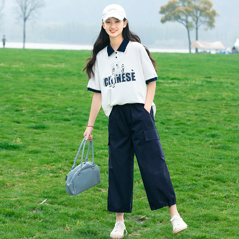 初中学生短袖女孩T恤夏季polo领高中生套装少女夏装休闲时尚宽松 - 图3