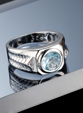 百搭男士合金蓝色托帕石尾指戒