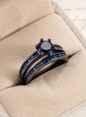 欧美风ins蓝宝石满钻情侣对戒