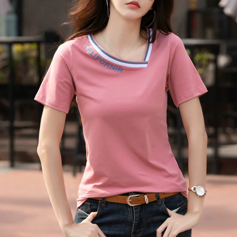 Cotton T-shirt, summer black summer clothing, slim fit, V-neckline