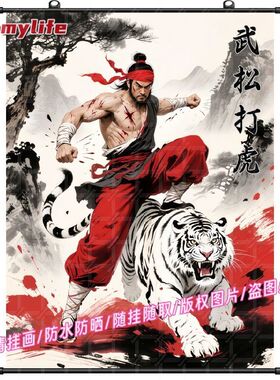 武松打虎油画布挂画西墙邻居高墙装饰画镇白虎中国风挂墙玄关画