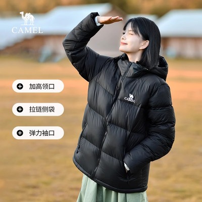 骆驼火山羽绒服男女2024秋冬款保暖加厚短款连帽面包服黑色羽绒服
