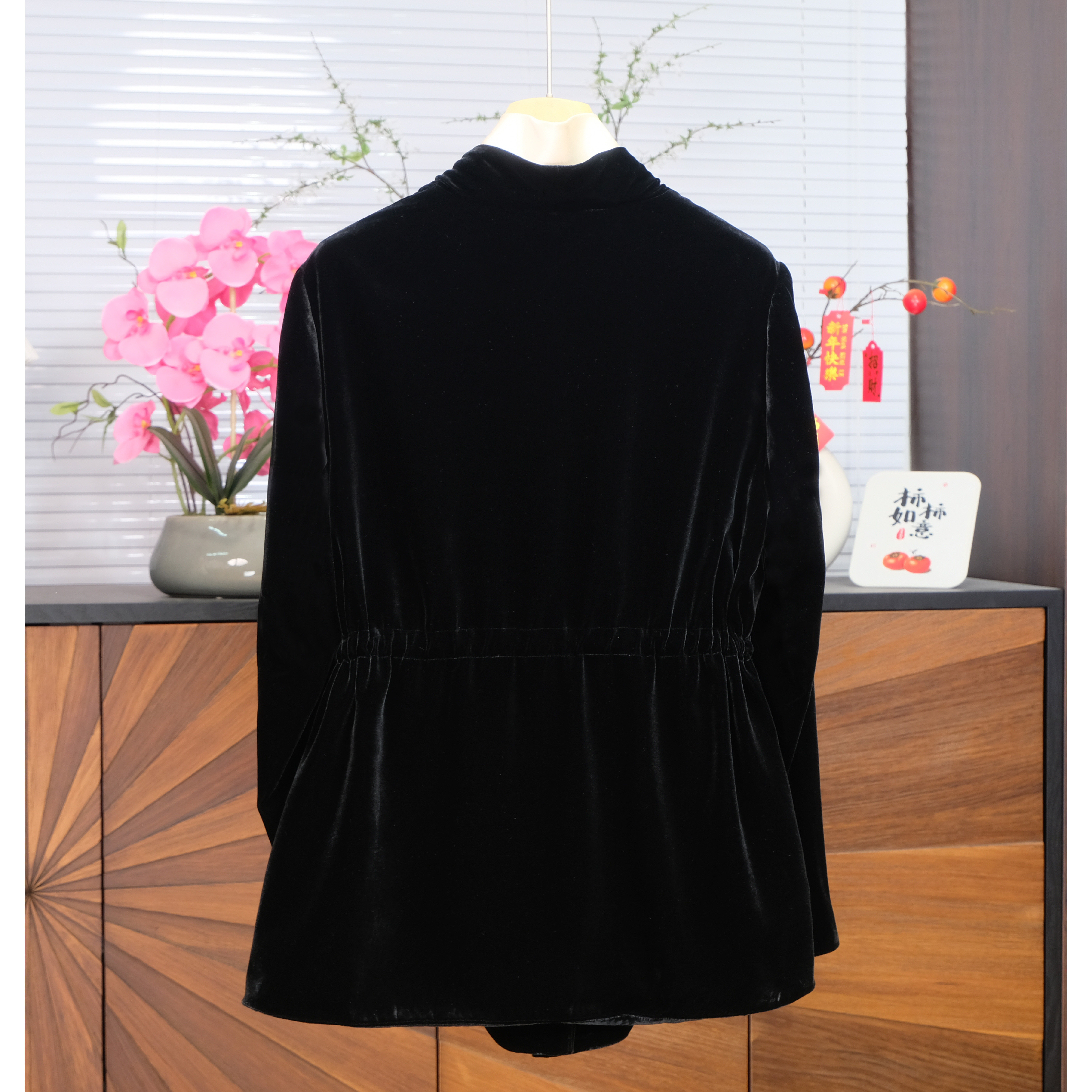 真丝丝绒V领抽绳收腰外套拼接醋酸立领收腰显瘦上衣,淘宝优惠券,粉丝福利购,淘宝优惠卷