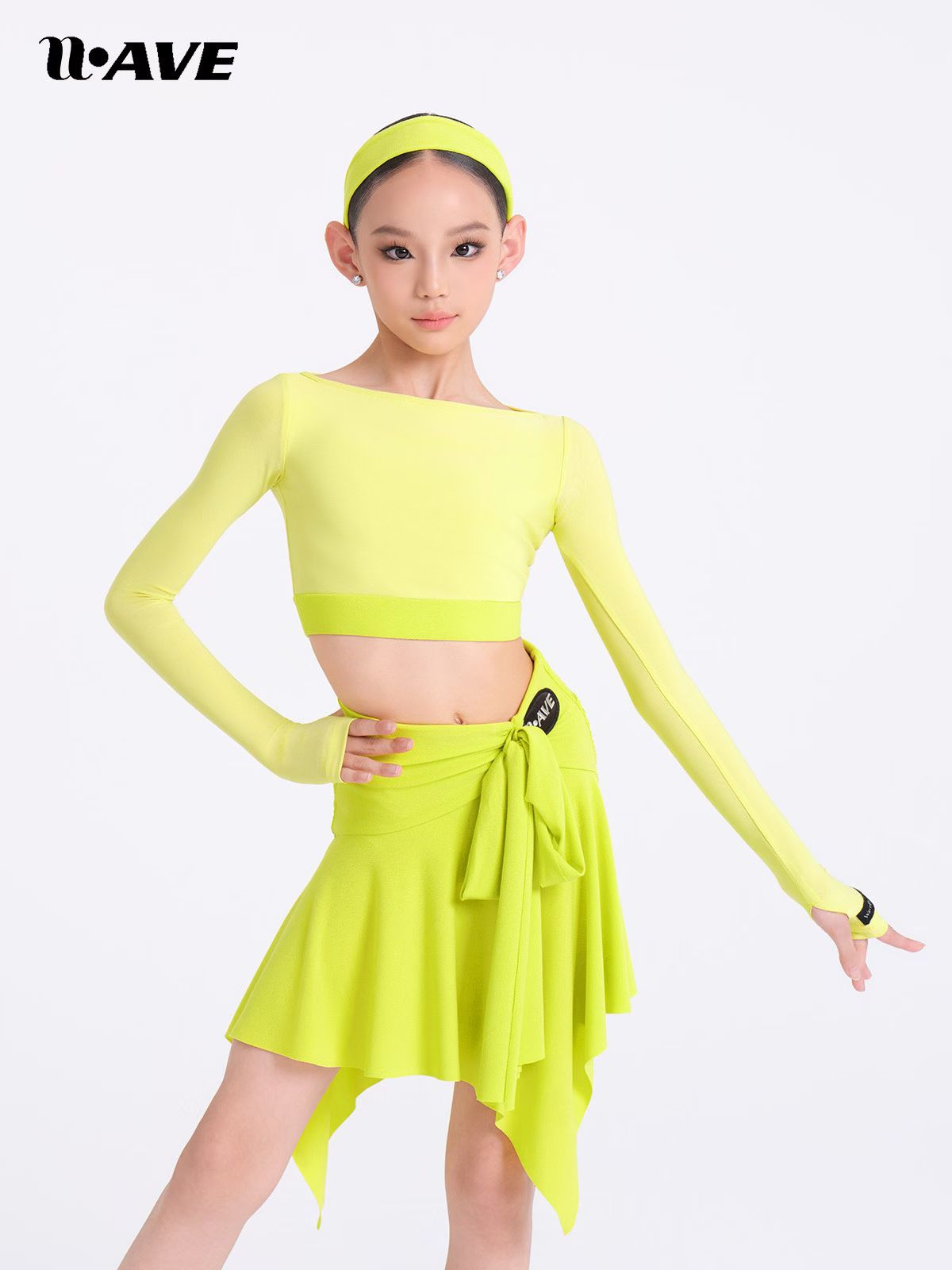 wave舞服未午少儿拉丁舞跃动之芒秋冬分体长袖明黄绿绑带练习服 - 图1