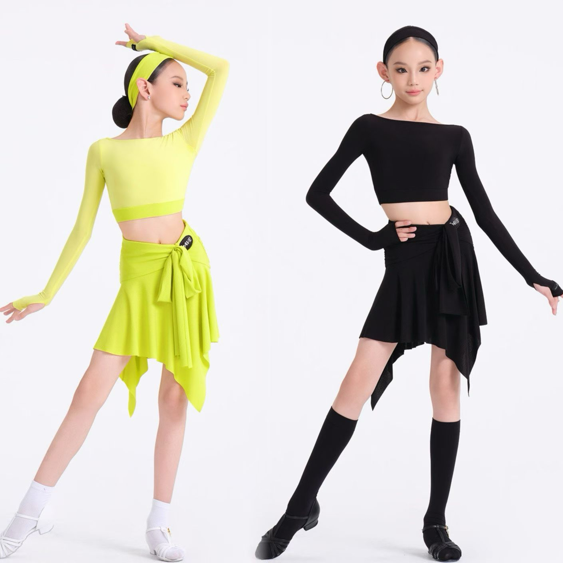 wave舞服未午少儿拉丁舞跃动之芒秋冬分体长袖明黄绿绑带练习服 - 图3