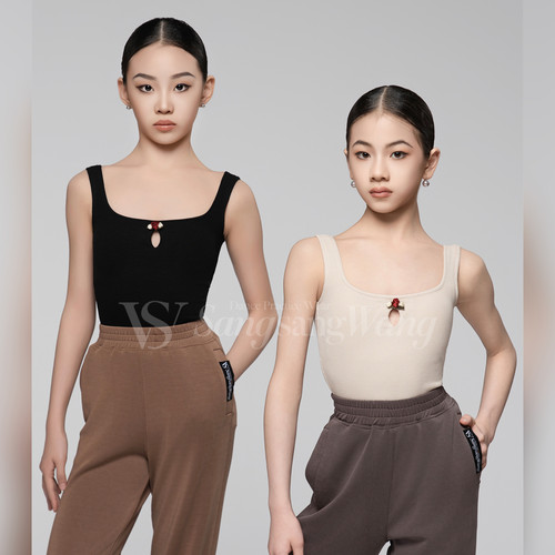 sswang舞服少儿拉丁舞送你一朵小红花吊带螺纹无袖上衣练习服女童 - 图1