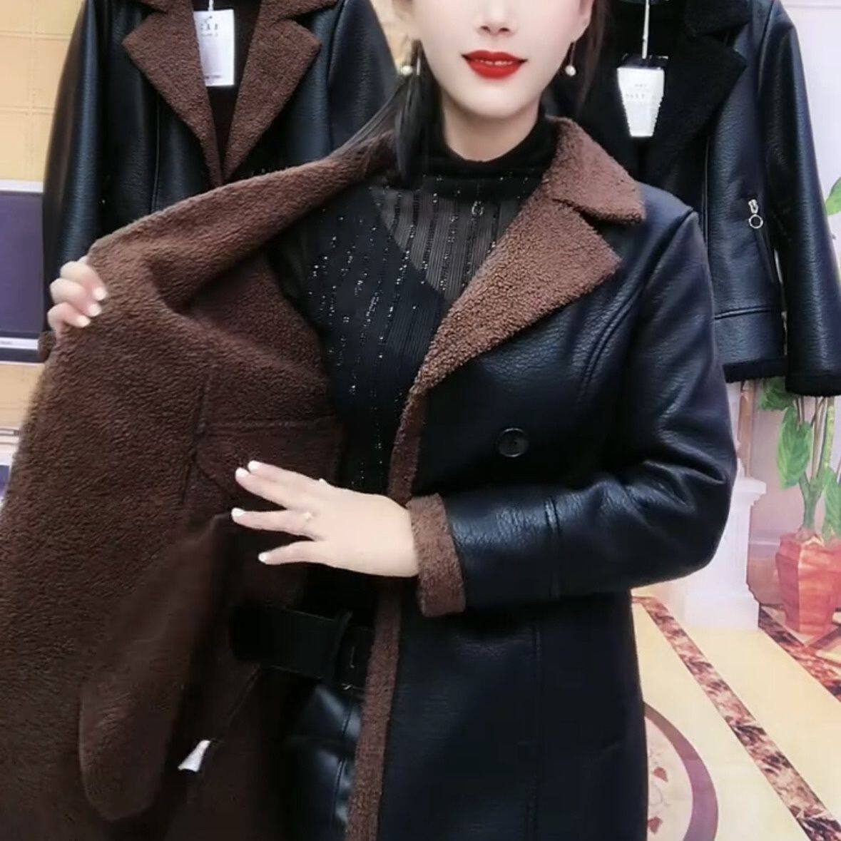 皮毛一体女皮衣中长款加绒加厚抗寒保暖外套冬季新款收腰大码休闲,淘宝优惠券,粉丝福利购,淘宝优惠卷