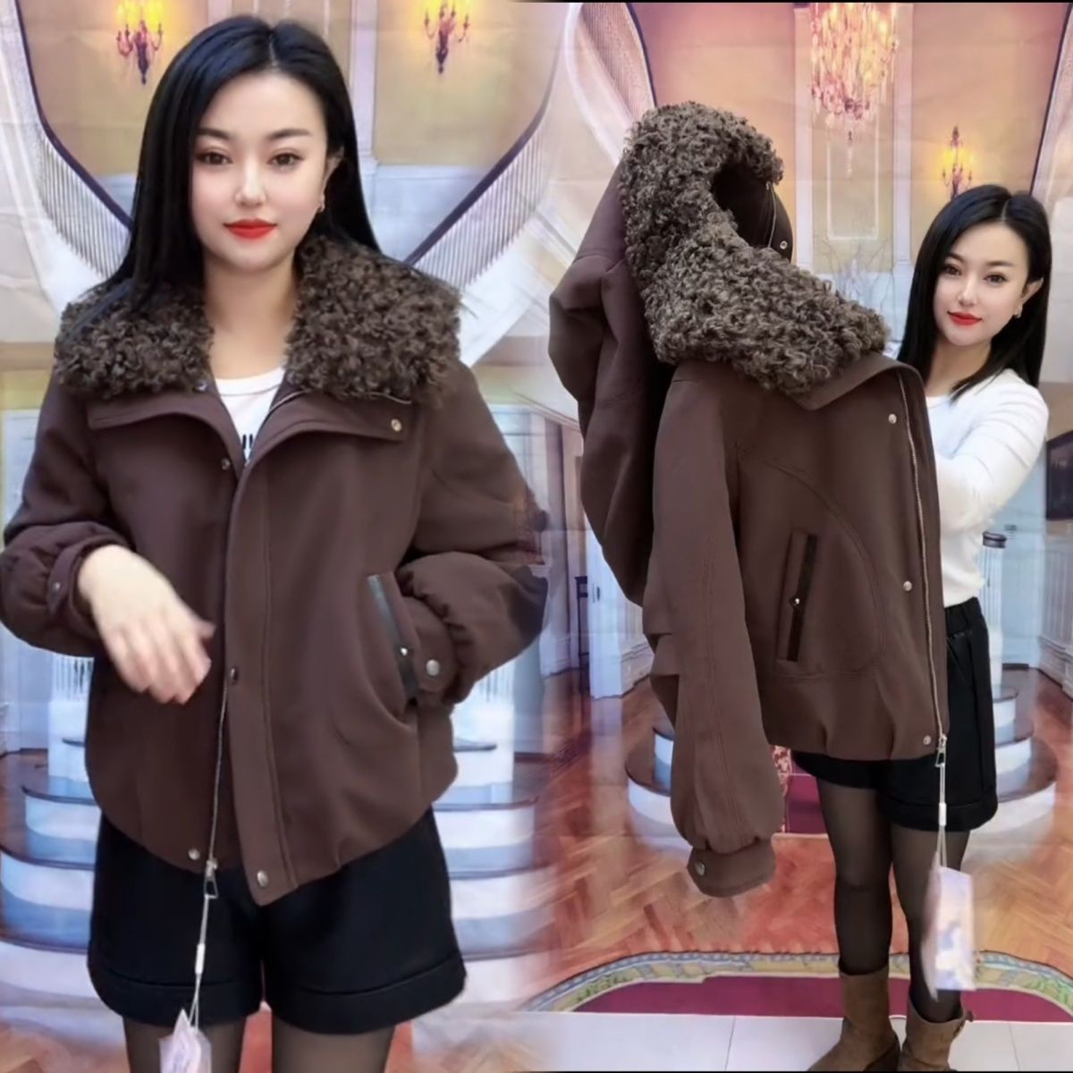 大翻领羊羔冬季羽绒服时尚新款保暖加绒加厚羽绒外套洋气减龄女装 - 图0