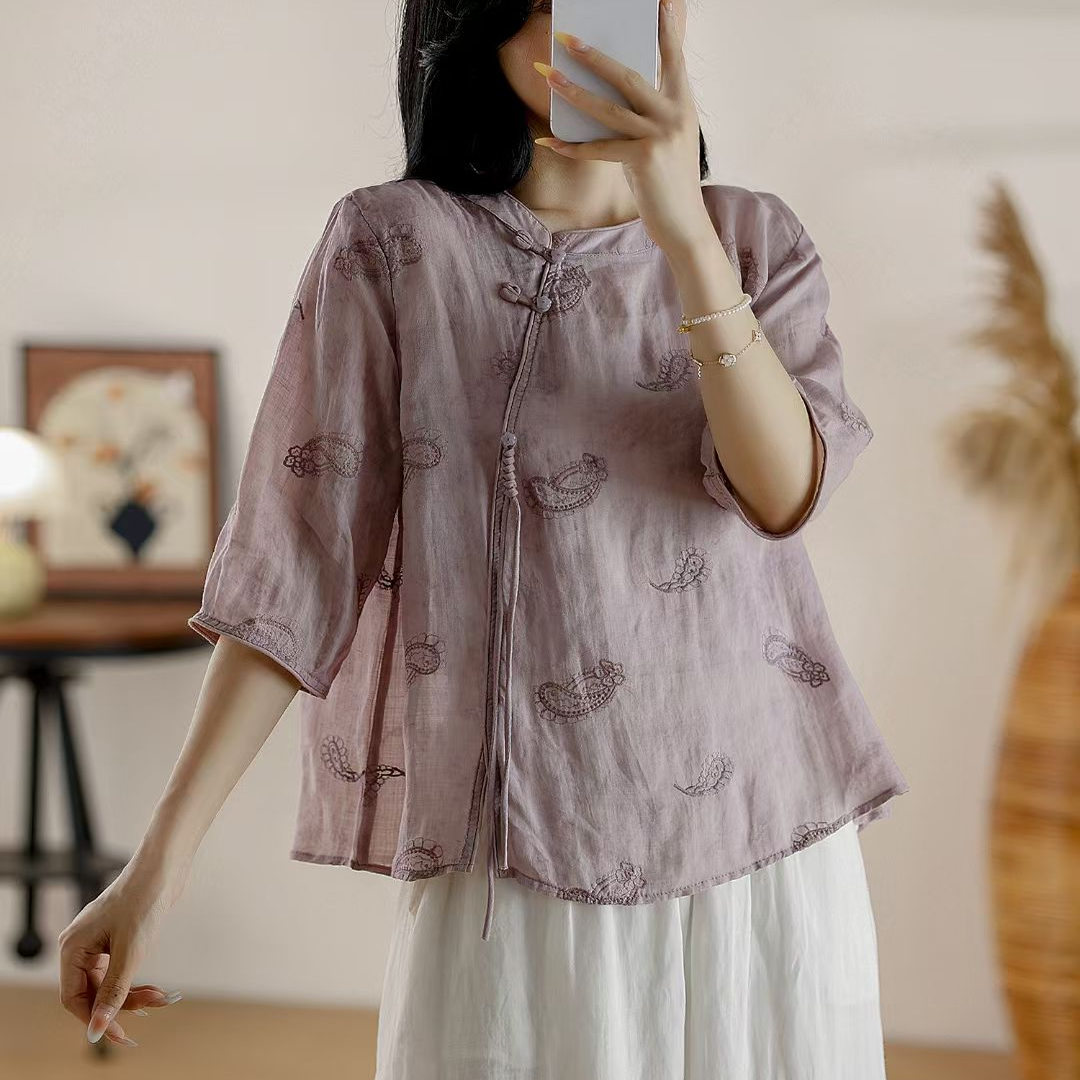 100%纯苎麻短袖上衣女短款刺绣斜门襟手工立体花文艺衬衫夏季棉麻