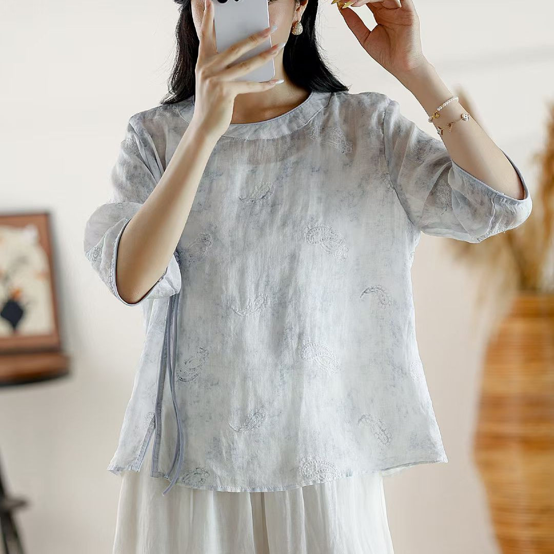 100%纯苎麻短袖上衣女短款刺绣斜门襟手工立体花文艺衬衫夏季棉麻