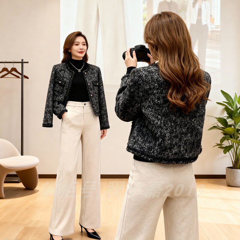 新款羊绒蚕丝裤子女休闲毛呢人字纹阔腿保暖直筒春秋窄版加厚灰色