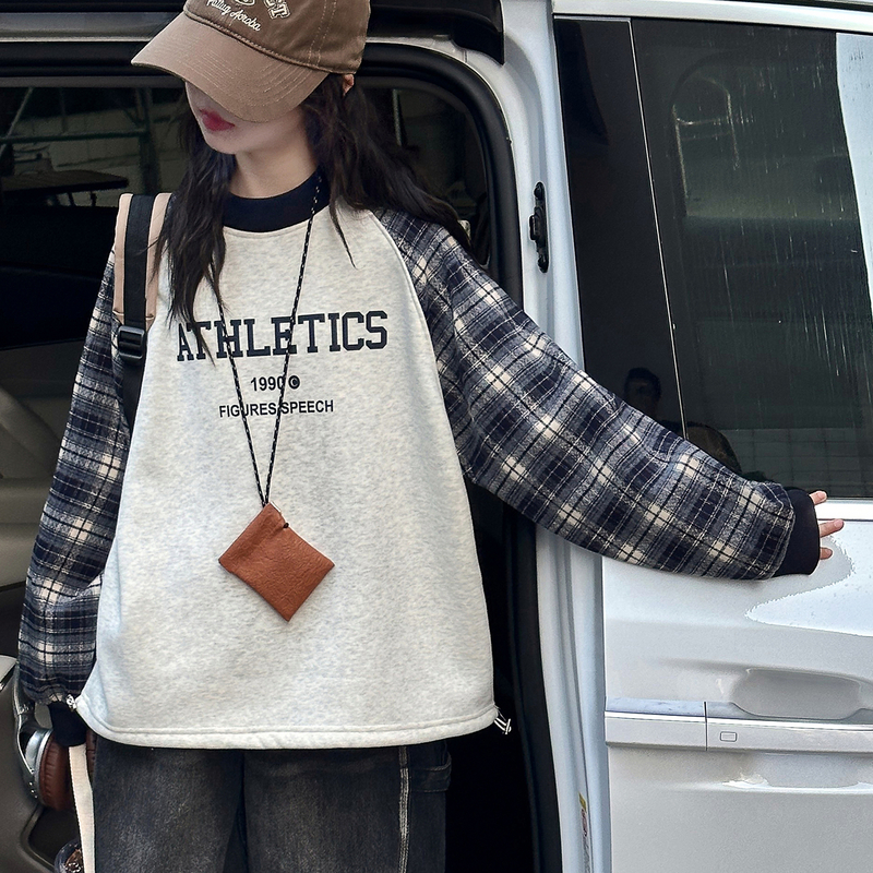 女童插肩袖卫衣2025新款秋冬装加绒加厚儿童格子拼接上衣打底衫潮 - 图2