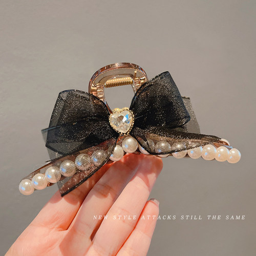 高级感蝴蝶结发夹女大号珍珠抓夹后脑勺发卡网红鲨鱼夹子盘发头饰 - 图0