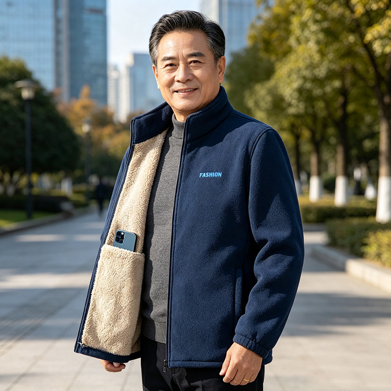 New autumn and winter fleece jacket for men, color-blocked polar fleece, thickened and warm, middle-aged and elderly tops, windproof jackets, trendy jackets