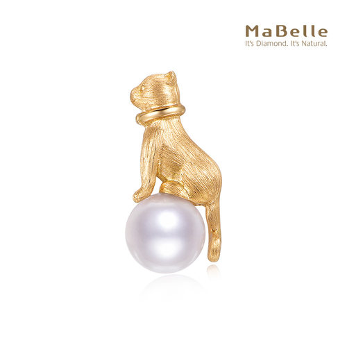 MaBelle/玛贝尔18K黄金小猫 珍珠单边耳钉 俏皮可爱 （塑胶耳迫） - 图0