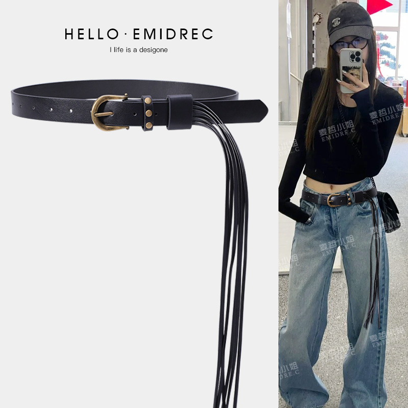 皮带女款宽编织铆钉流苏腰部装饰腰带配饰配牛仔裤波西米亚黑色 - 图1