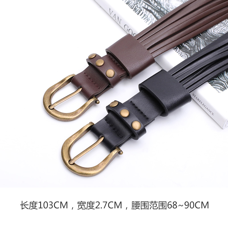 皮带女款宽编织铆钉流苏腰部装饰腰带配饰配牛仔裤波西米亚黑色 - 图3