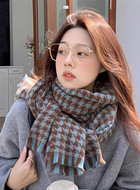 【蓝棕格子围巾】韩国仿羊绒复古柔软围脖女ins秋冬保暖学生披肩