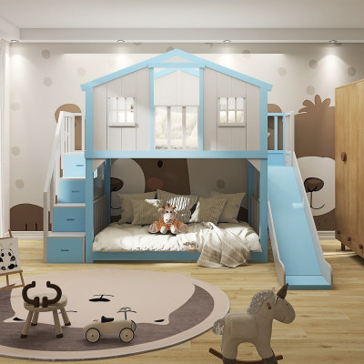 美式全实木儿童树屋床公主高低铺上下母子床带滑梯阁楼秘密基地床 虎窝淘