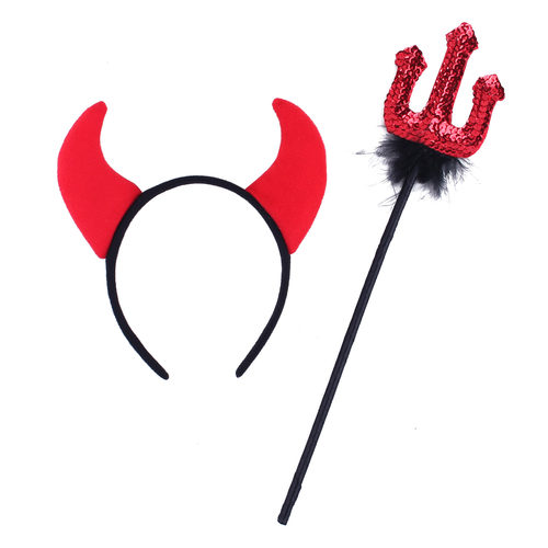 1宸涛万圣节用品恶魔角红牛角牛叉两件套恶魔三叉牛叉COS魔鬼道具 - 图1