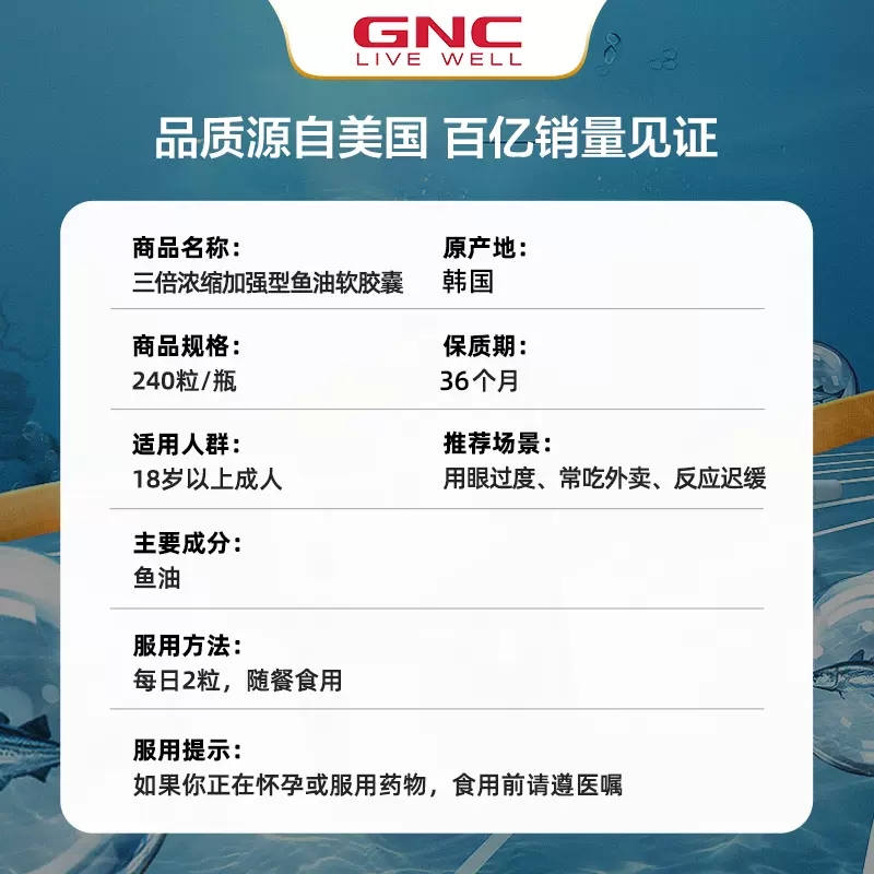 gnc高纯度深海鱼油欧米茄omega3非鱼肝油epa软胶囊dha成人中老年 - 图2