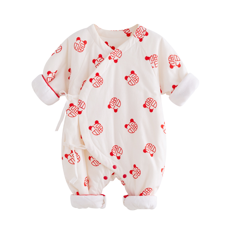 新生婴儿衣服秋冬季夹棉哈衣薄棉满月宝宝连体衣红色和尚服拜年服-图3