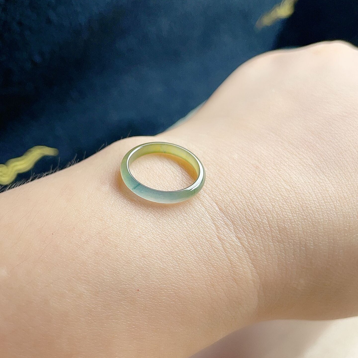 Natural jadeite ring clear water blue light yellow double color fresh