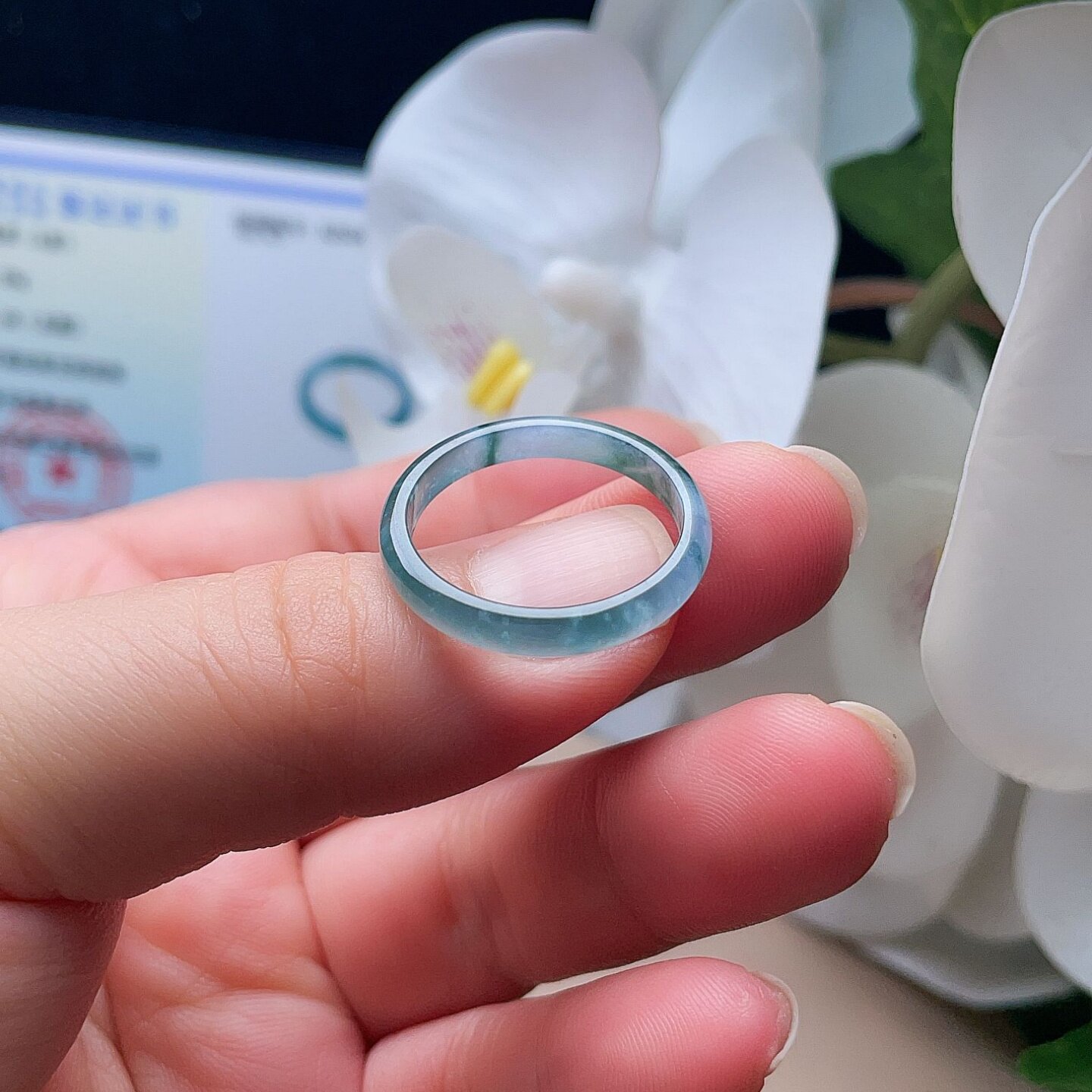 Natural jade ring clear water green smoke purple floating flowers fresh