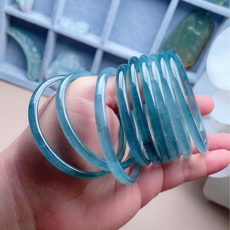 A货翡翠冰蓝绿飘花细手镯天然老坑玉晴水叮当镯小巧秀气款玉镯圆 - 图3