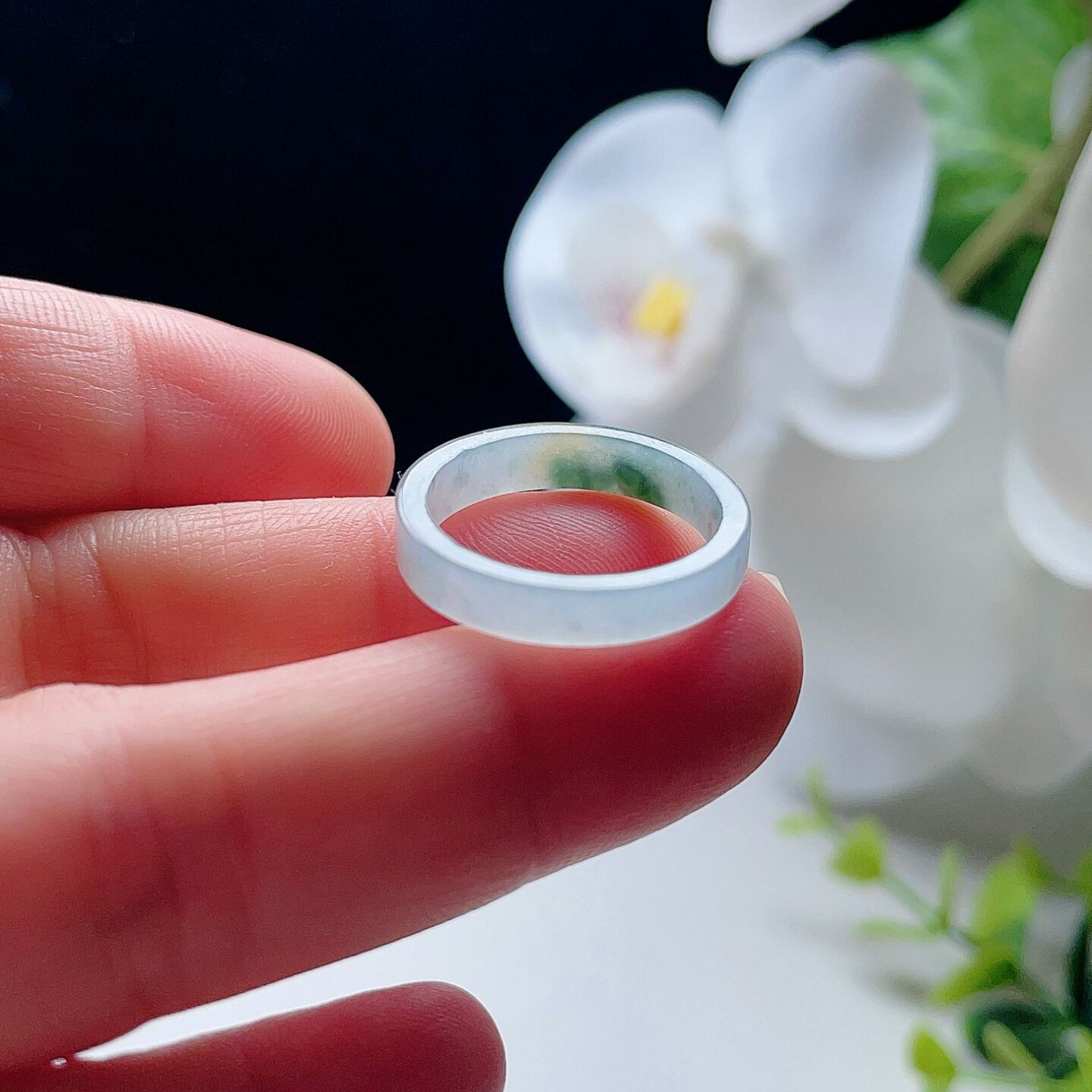 Natural jadeite square ring, milky white, yellowish green and sprinkled with gold