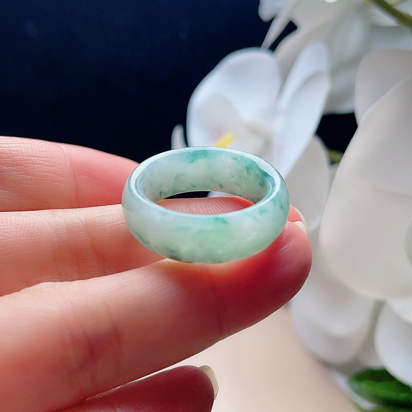 Natural jadeite wide edge ring milky white light green spinach green