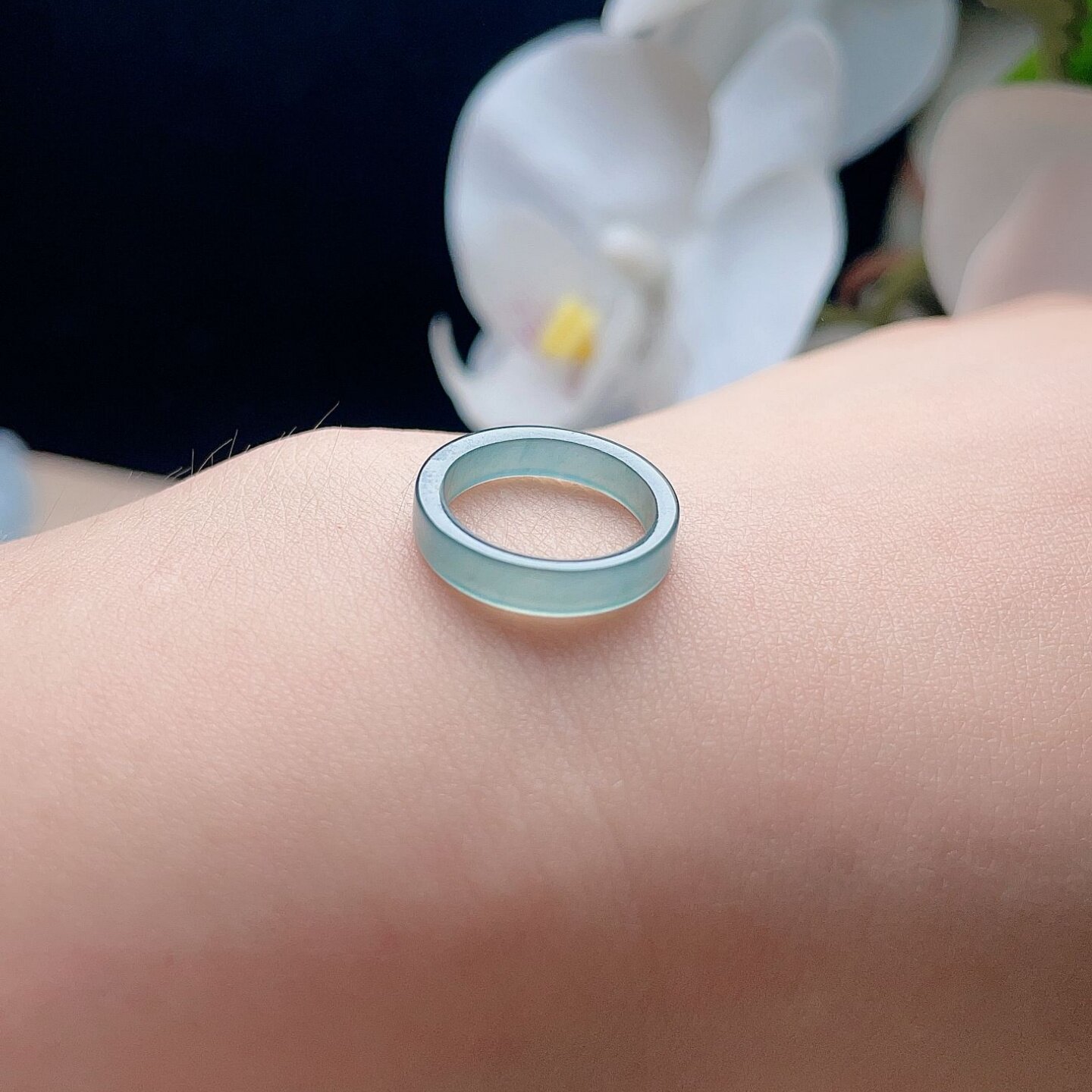 Natural jade square ring, blue and green small jade ring, fresh