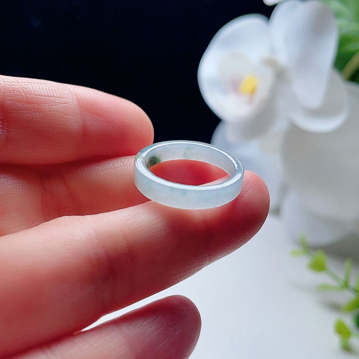Natural jadeite square ring, milky white, yellowish green and sprinkled with gold