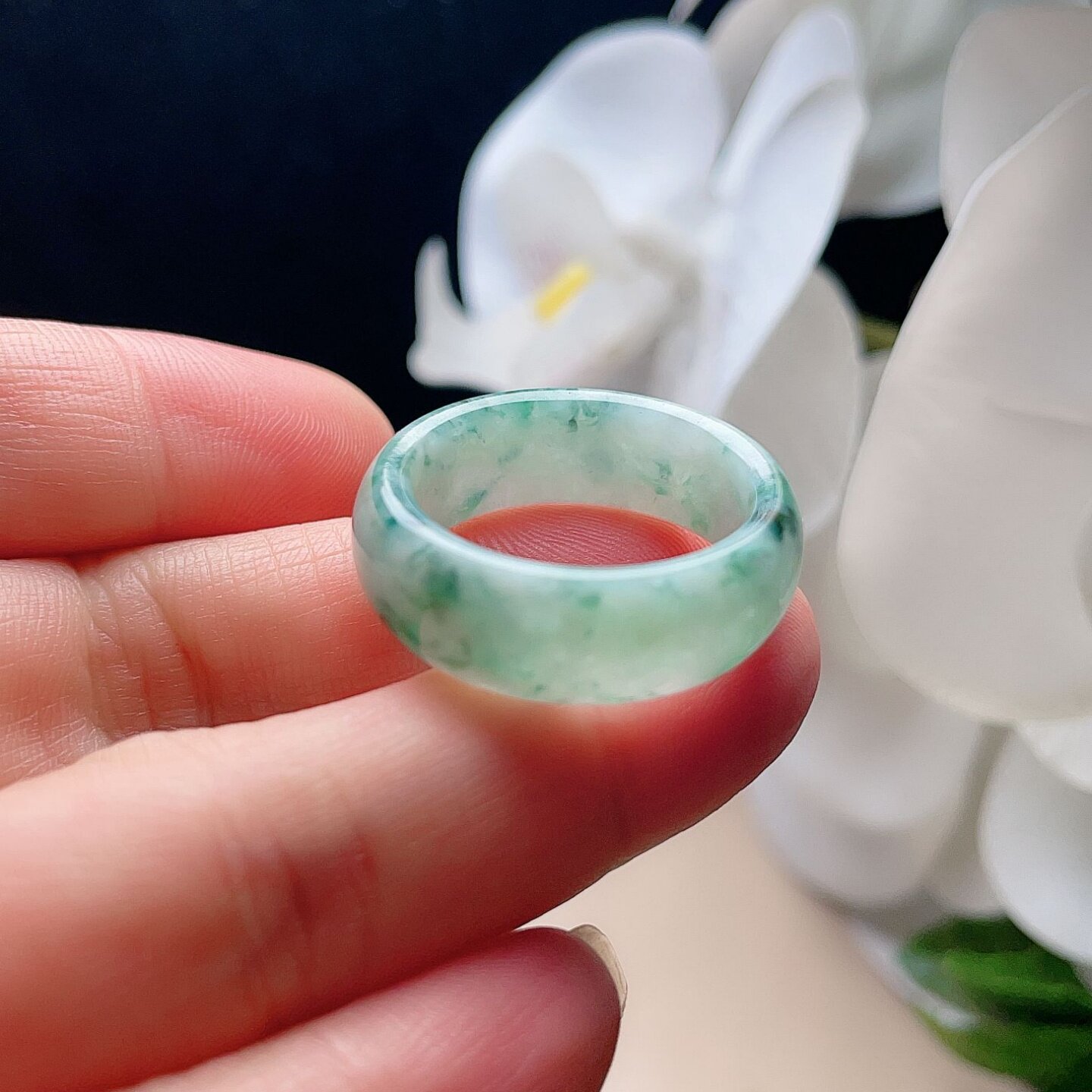 Natural jadeite wide edge ring milky white light green spinach green