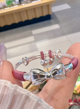 蝴蝶结铃铛纯银手镯女可爱时尚