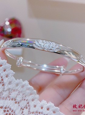 七彩莲花纯银手镯女简约百搭时尚