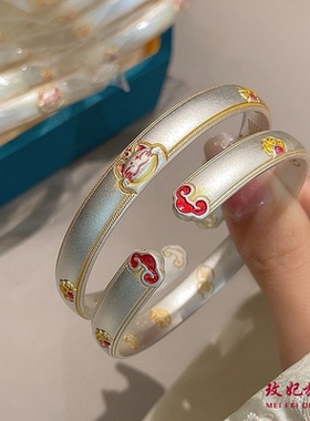 招财猫描金纯银手镯女简约百搭