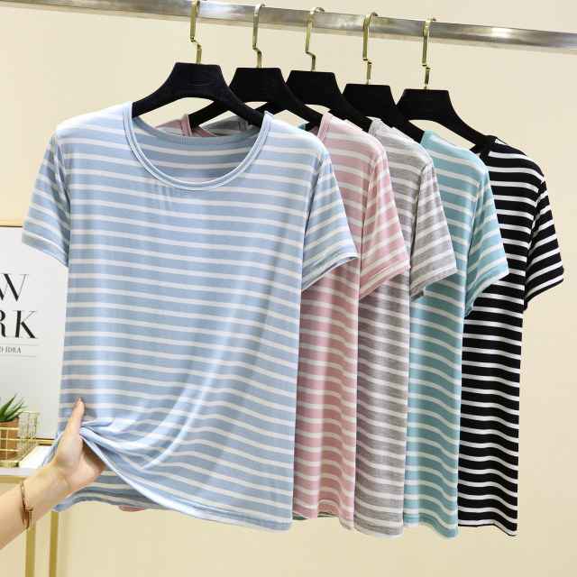 ແມ່ຍິງ summer modal ຄໍ round striped ເທິງ
