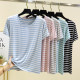 ແມ່ຍິງ summer modal ຄໍ round striped ເທິງ