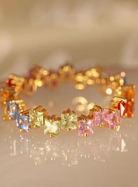 彩虹糖镀银戒指女彩虹系列镀金镶嵌彩色水晶水晶ins高级指环现货