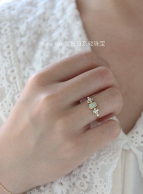 日系天然欧泊蛋白石橄榄石 白水晶树叶轻奢同款戒指镀14K黄金指环