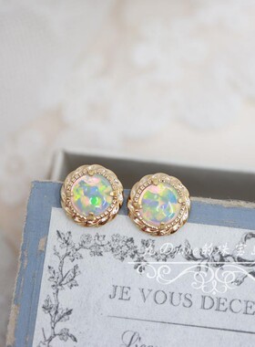 花火流光。日系复古圆形小太阳合成高仿炫彩欧泊戒指耳环项链套装