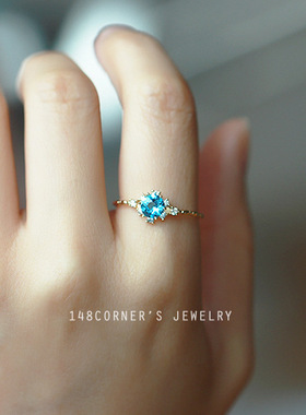 外贸热卖轻奢气质雪花海蓝色锆石 戒指韩版高级感网红热销食指戒