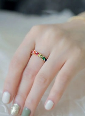 【彩虹】 艳丽锆石个性微镶指环轻奢女款镶时尚高级七彩戒指ins